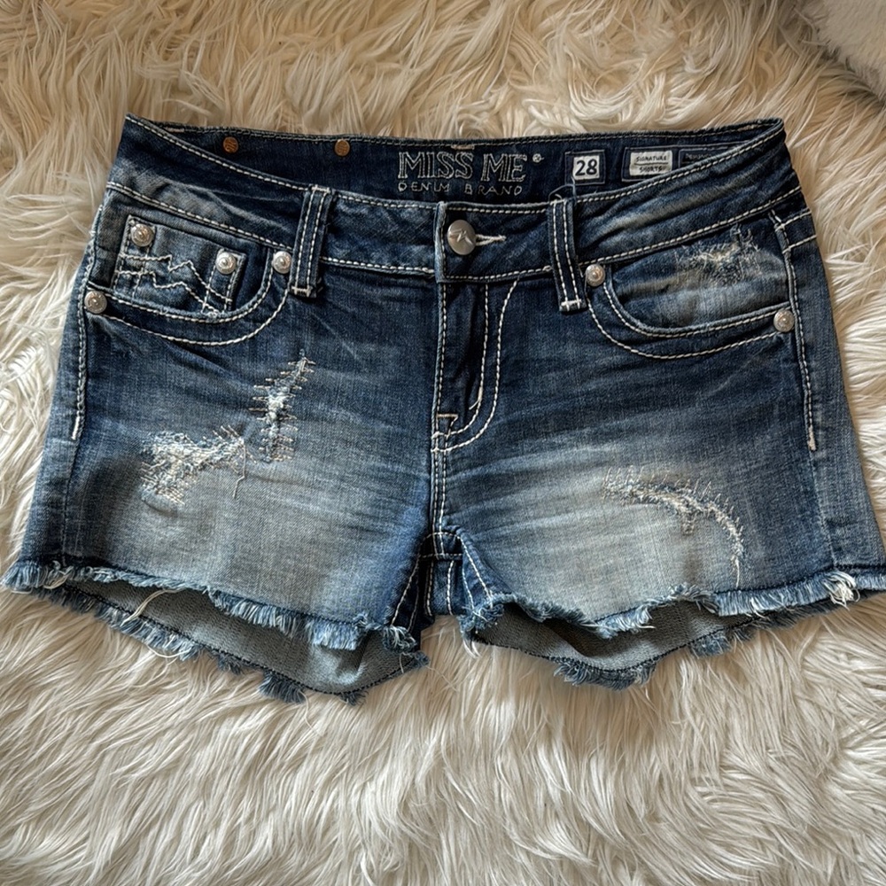 Vintage Miss Me Women's Distressed Denim Shorts - Blue